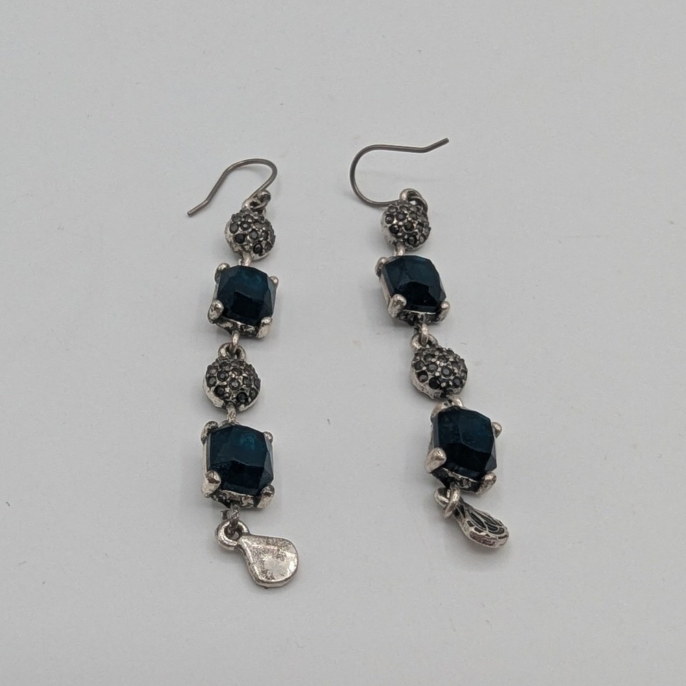 Vintage Style Navy Blue Crystal Drop Earrings Silver Tone Ornate Filigree Goth